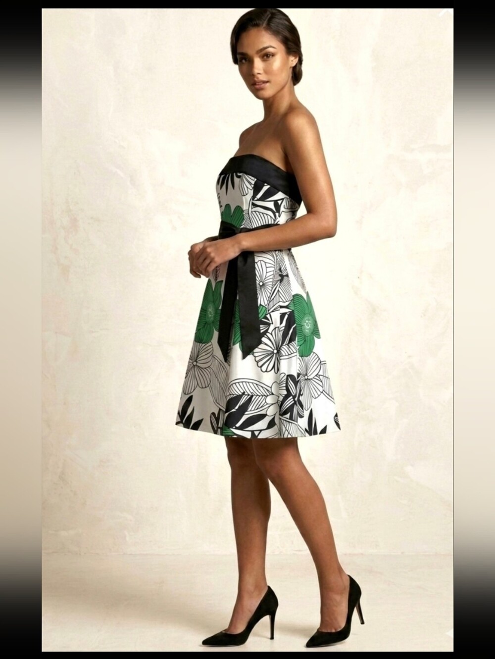 Vintage Jessica Sears Cotton Strapless A-Line Dress Ribbon Floral Green Size 8